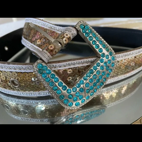 Vintage blue rhinestone and gold sequin belt -small - Picture 4 of 7